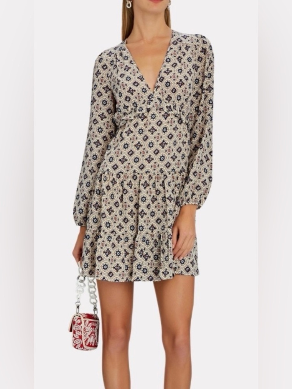 Veronica Beard Beige and Navy Printed V-Neck Long Sleeve Mini Dress